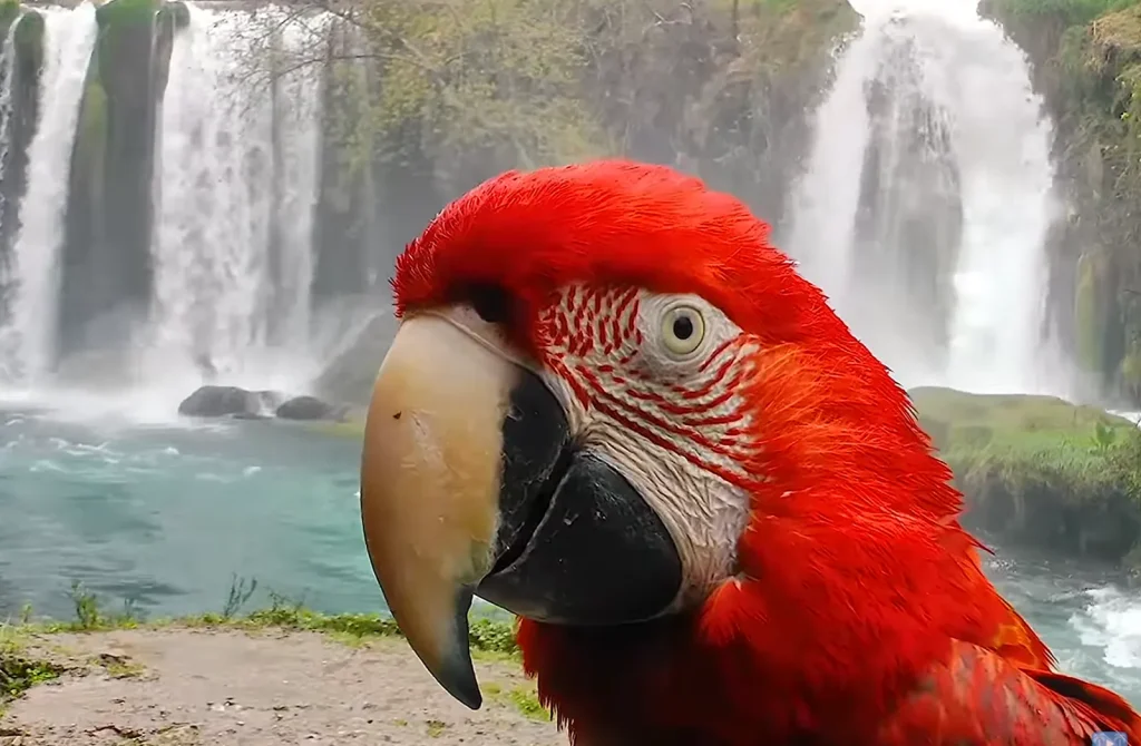 Roter Papagei vor einem Wasserfall